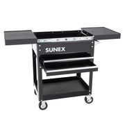 Sunex 8035 compact slide top utility cart in black with slide top open
