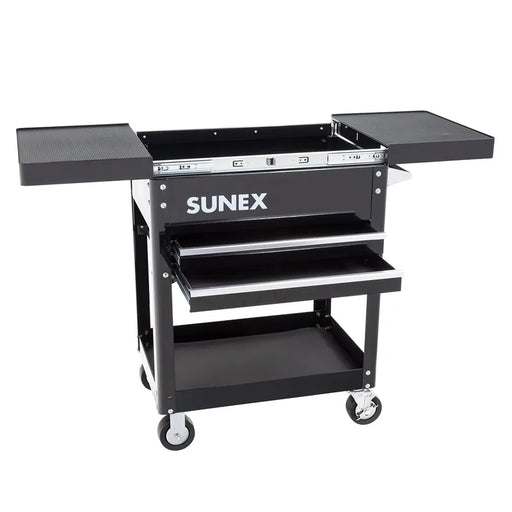 Sunex 8035 compact slide top utility cart in black with slide top open