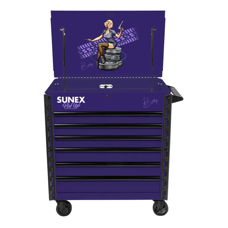Sunex 8056FDBETTY Pin-Up Betty service cart in Pin-Up Plum with lid open