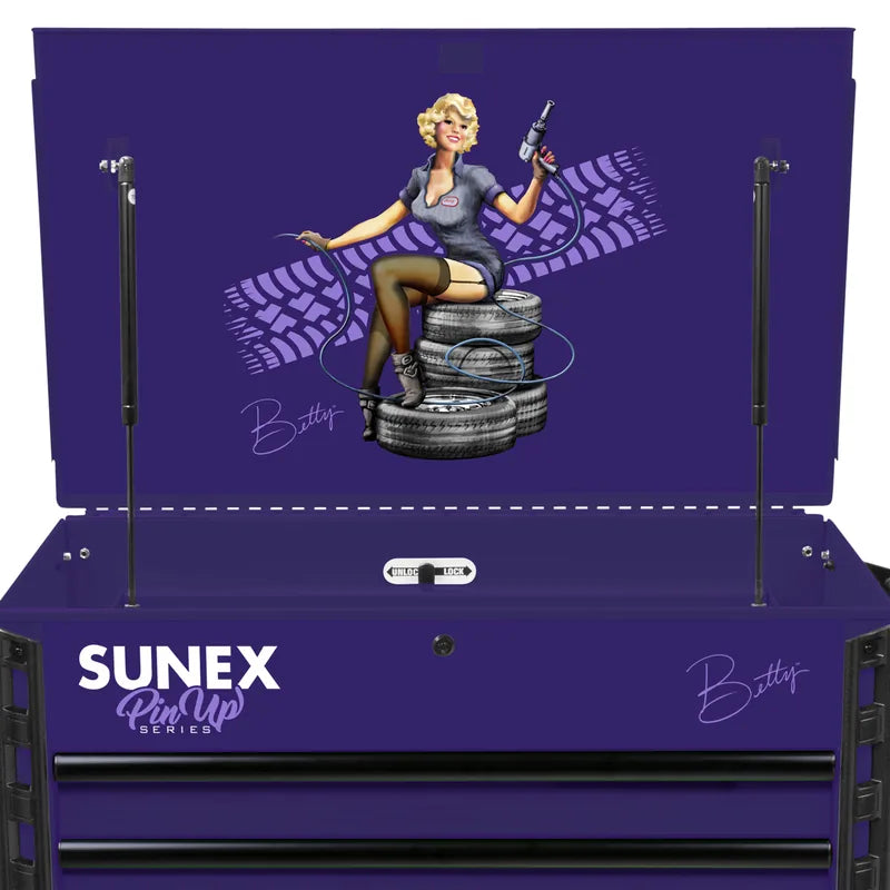 Pin-Up Betty artwork on the open lid of the Sunex 8056FDBETTY cart