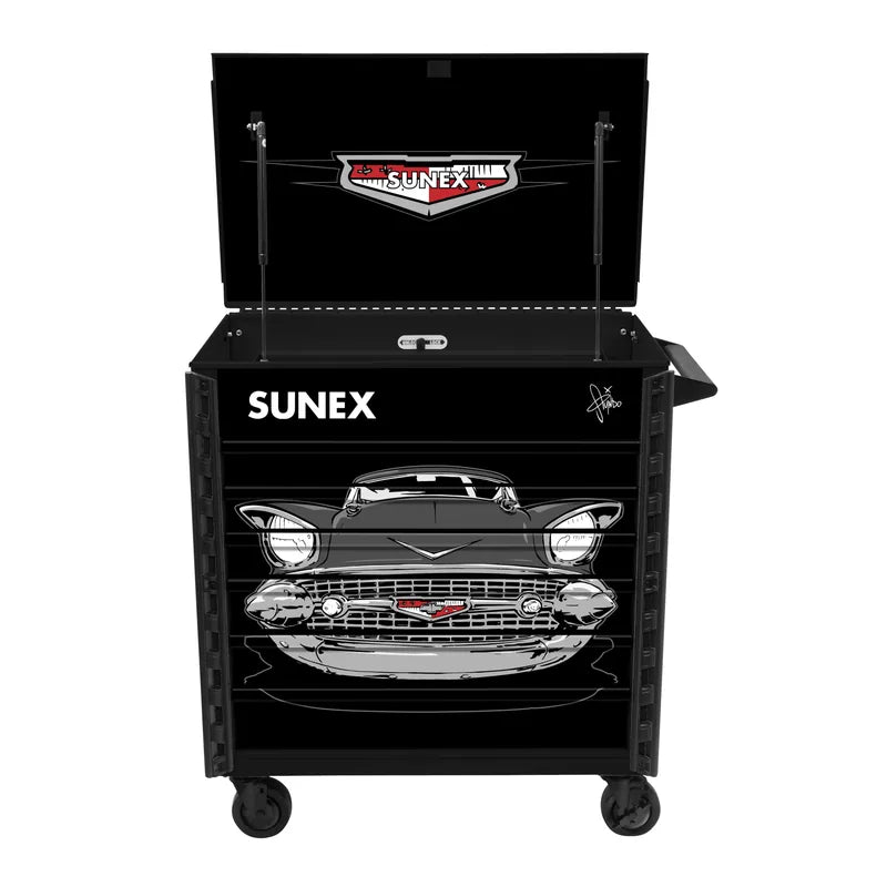 Sunex 8056FDBK57 Tony Squindo '57 Chevy service cart in black with lid open