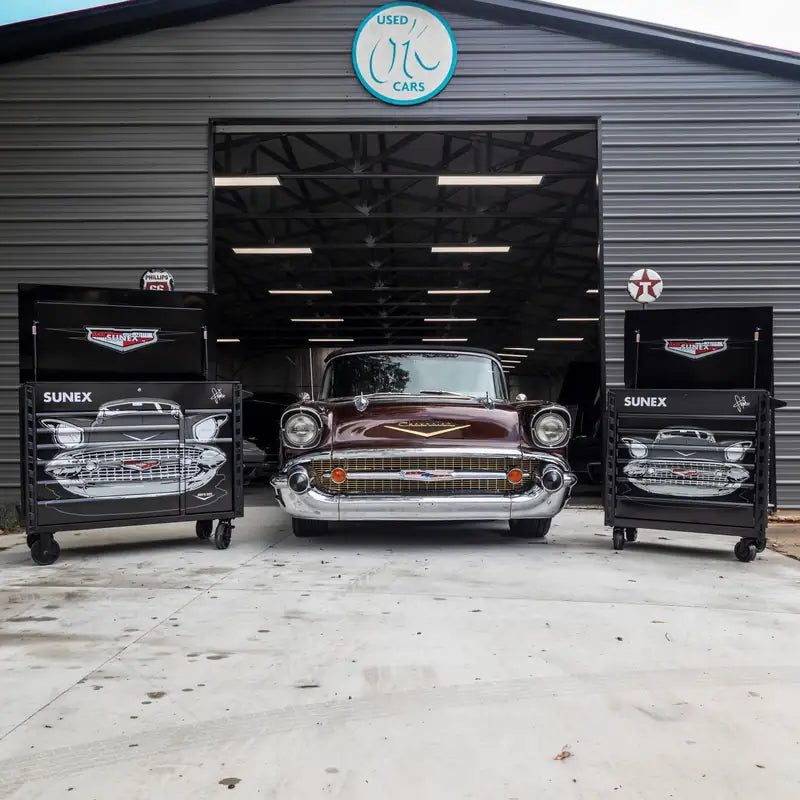 Sunex 8056FDBK57 '57 Chevy carts parked beside a '57 Chevy