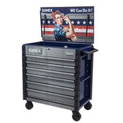 Sunex 8056FDBLROSIE Rosie the Riveter service cart in blue with lid open