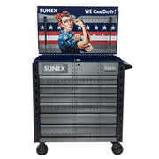 Sunex 8056FDBLROSIE service cart front view with riveted drawer fronts