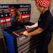 Technician working from the open top bin of the Sunex 8056FDBLROSIE