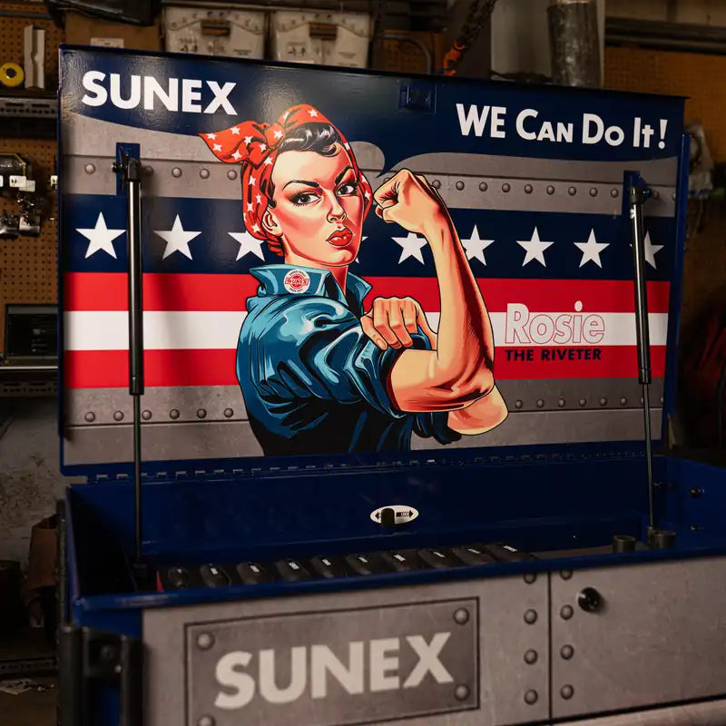 Rosie the Riveter We Can Do It artwork on the open lid