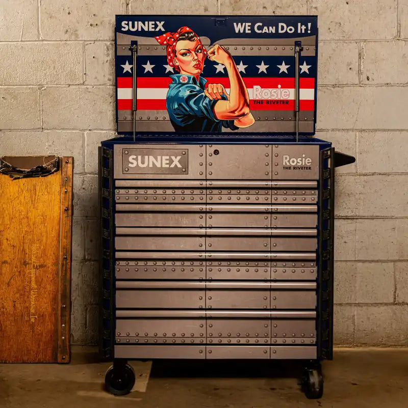 Sunex 8056FDBLROSIE Rosie the Riveter cart in a workshop