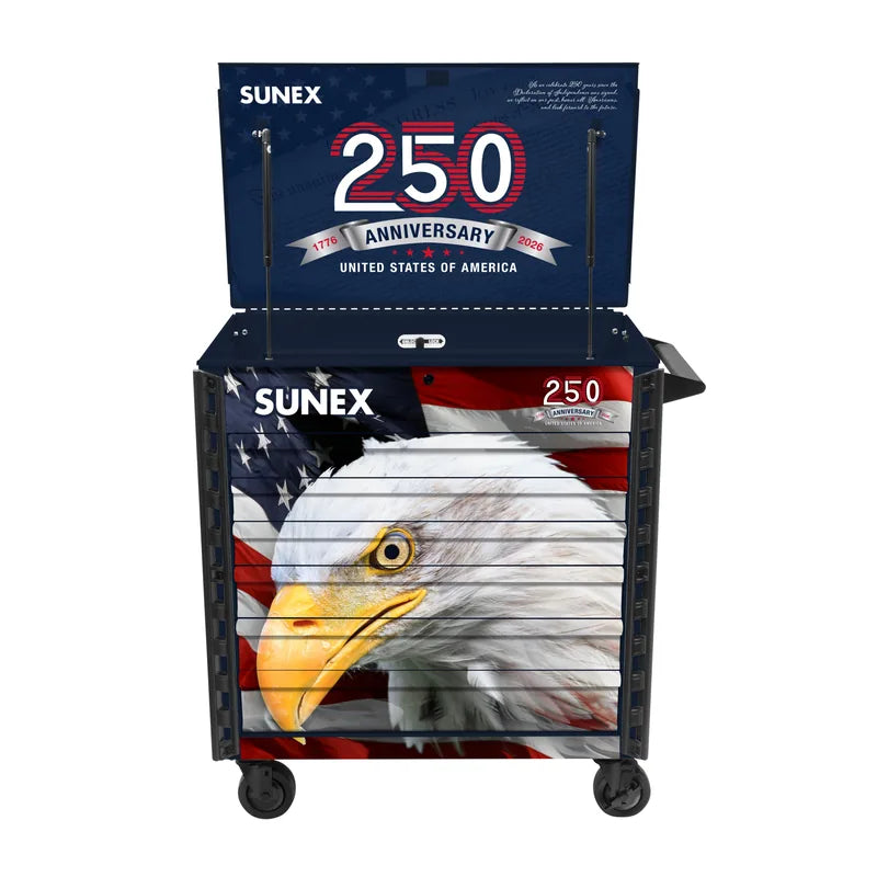 Sunex Tools 8056FDBLUSA American Eagle 250th Anniversary service cart in Old Glory Blue with lid open