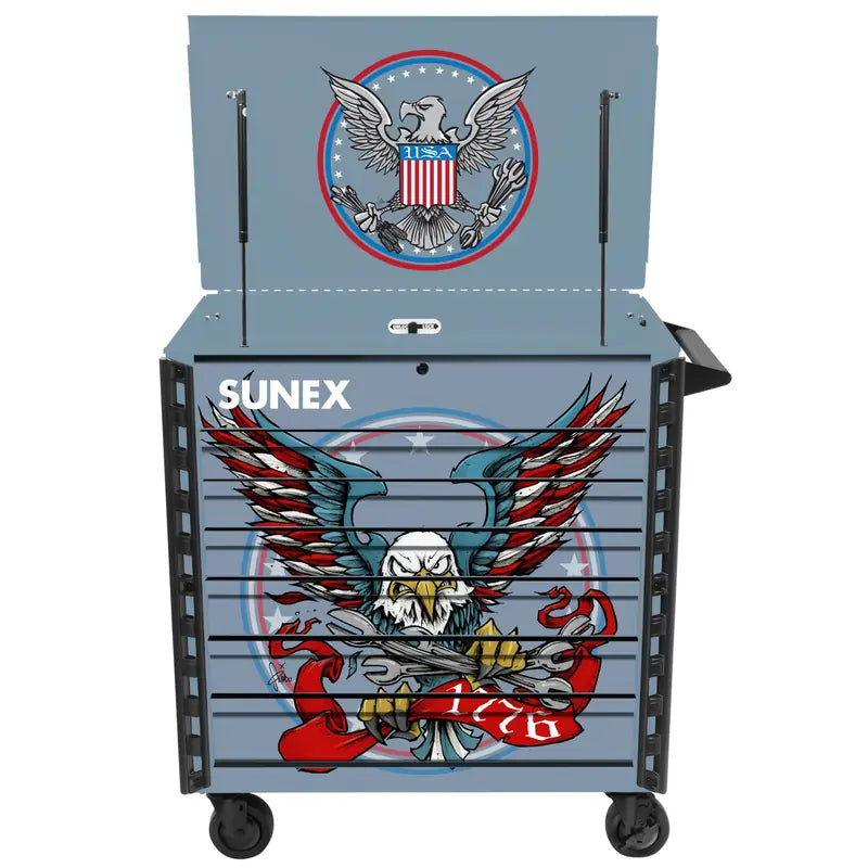 Sunex 8056FDBSEAGLE Tony Squindo Eagle service cart in Blue Steel with lid open