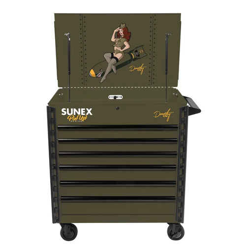 Sunex 8056FDDOROTHY Pin-Up Dorothy service cart in OD Green with lid open