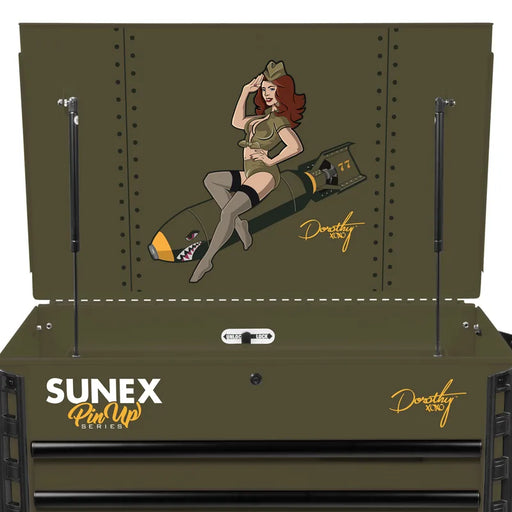 Pin-Up Dorothy artwork on the open lid of the Sunex 8056FDDOROTHY cart