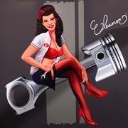Close-up of the Eleanor pin-up seated on a piston
