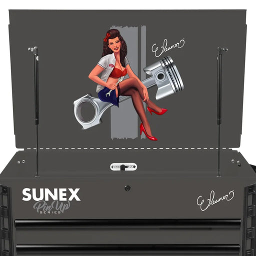 Pin-Up Eleanor artwork on the open lid of the Sunex 8056FDELEANOR cart