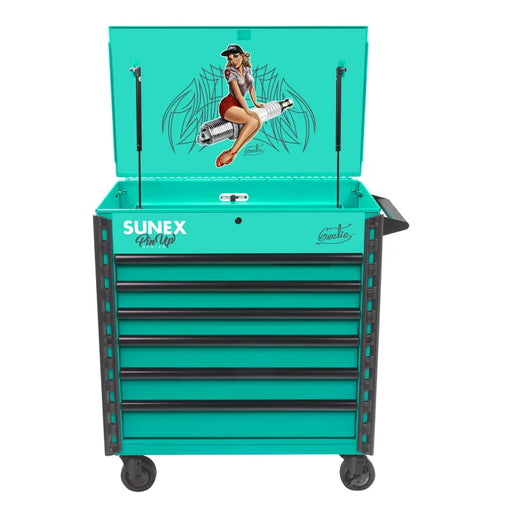 Sunex 8056FDGERTIE Pin-Up Gertie service cart in Atomic Angel Aqua with lid open