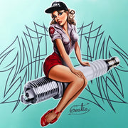 Close-up of the Gertie pin-up riding a spark plug