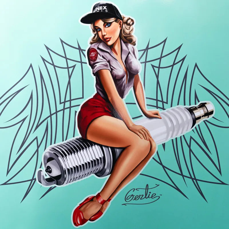 Close-up of the Gertie pin-up riding a spark plug