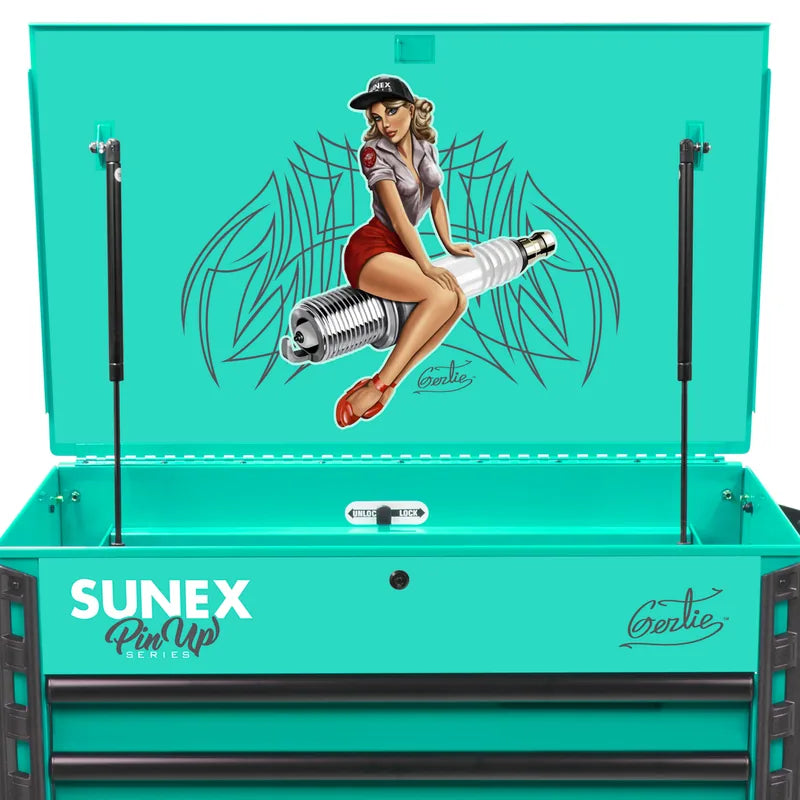Pin-Up Gertie artwork on the open lid of the Sunex 8056FDGERTIE cart