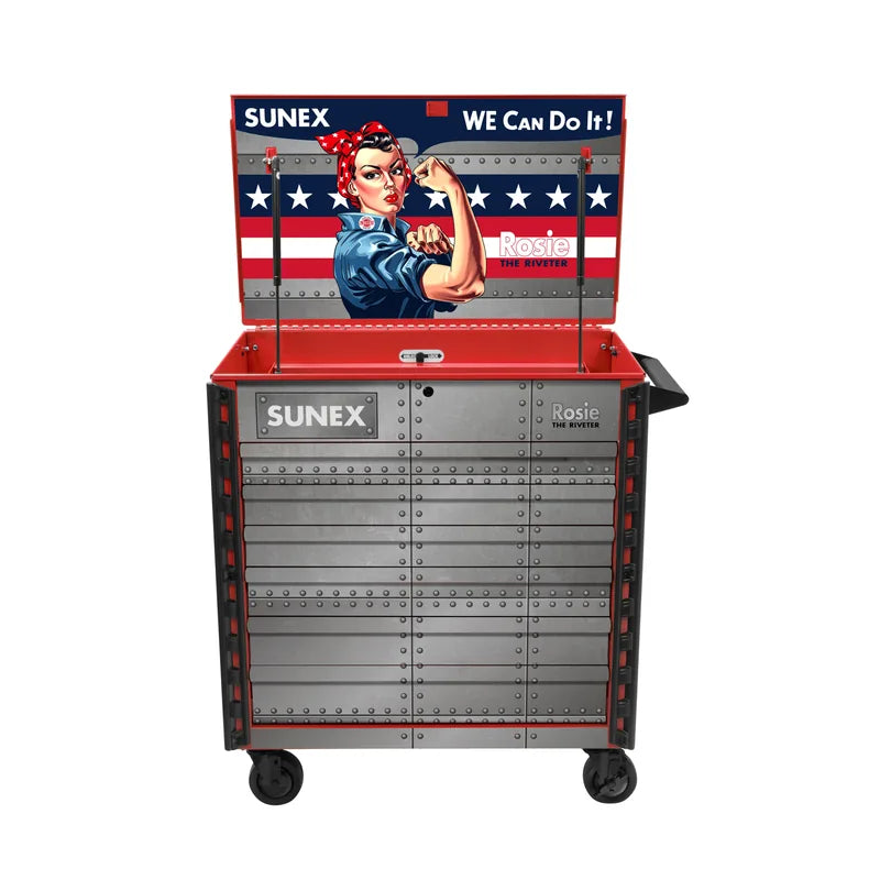 Sunex 8056FDRROSIE Rosie the Riveter service cart in red with lid open