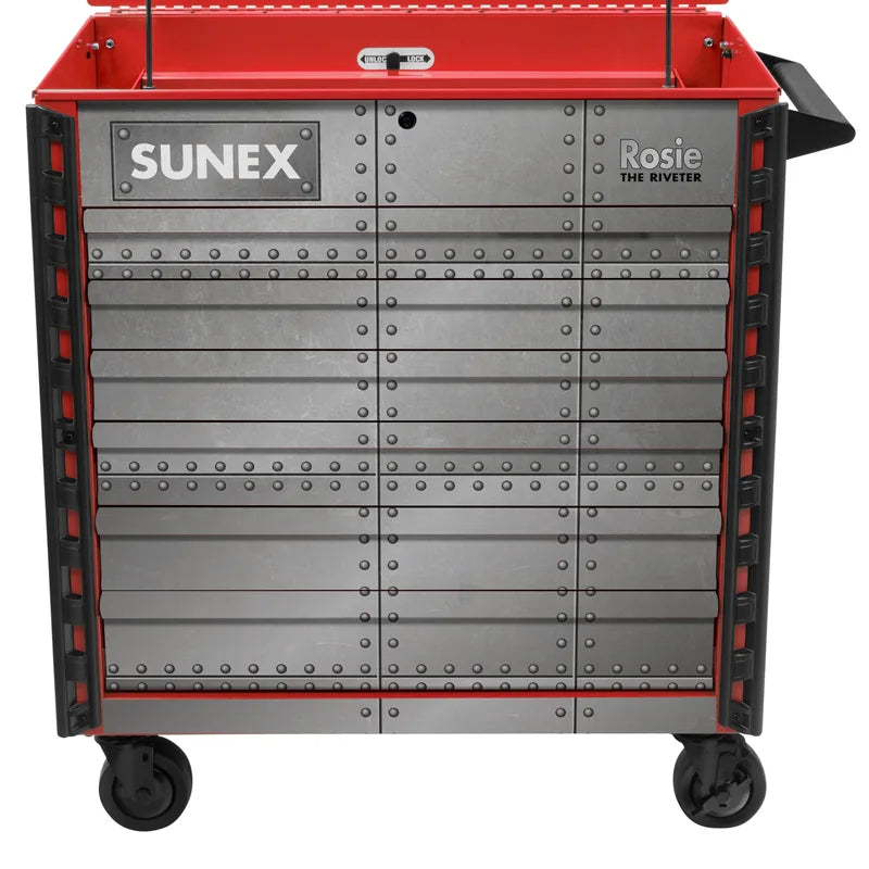 Sunex 8056FDRROSIE service cart front view with riveted drawer fronts