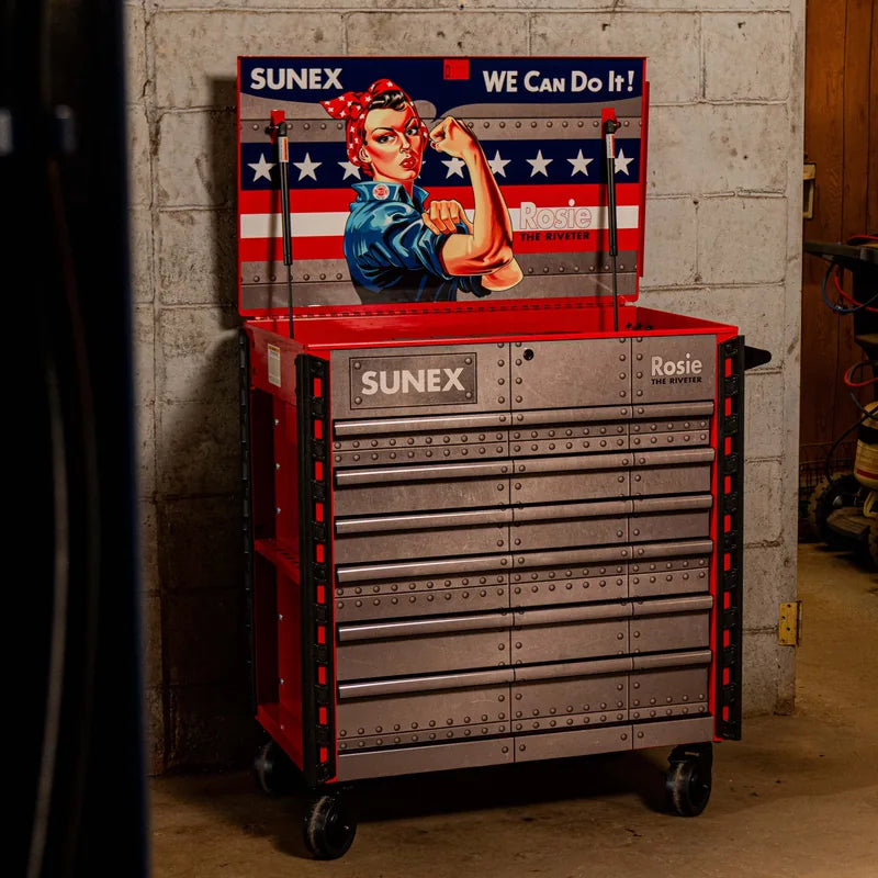 Sunex 8056FDRROSIE Rosie the Riveter cart in a workshop