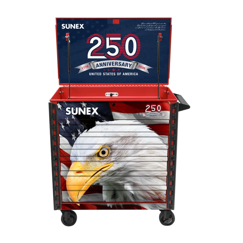 Sunex 8056FDRUSA American Eagle 250th service cart in Old Glory Red with lid open