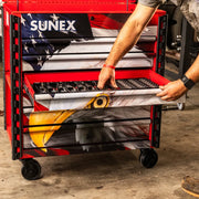 Technician opening a drawer on the Sunex 8056FDRUSA cart