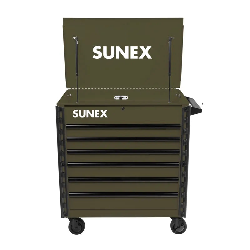Sunex Tools 8056FD premium service cart in olive drab green with lid open