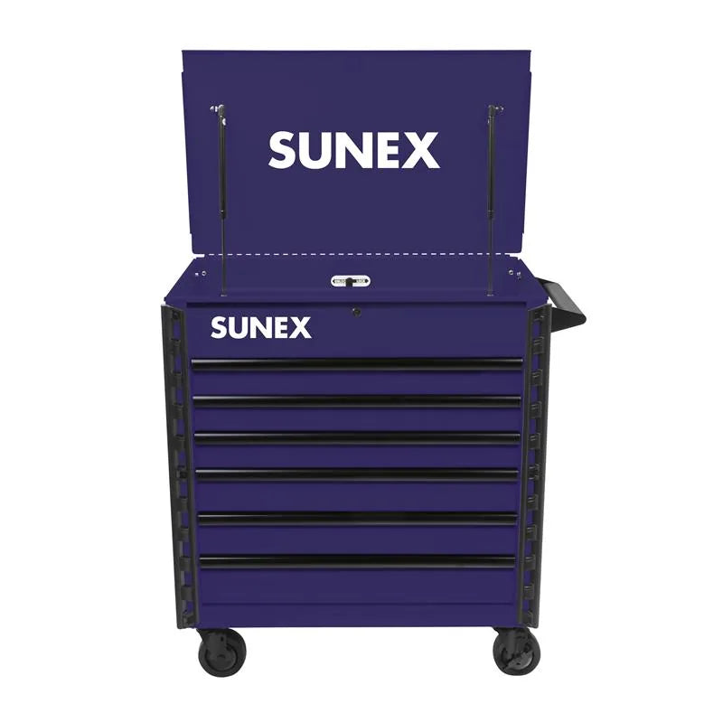 Sunex Tools 8056FD premium service cart in purple with lid open