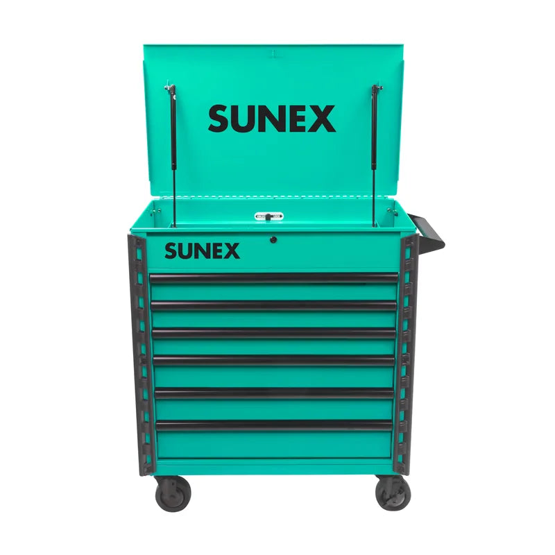 Sunex Tools 8056FD premium service cart in teal with lid open