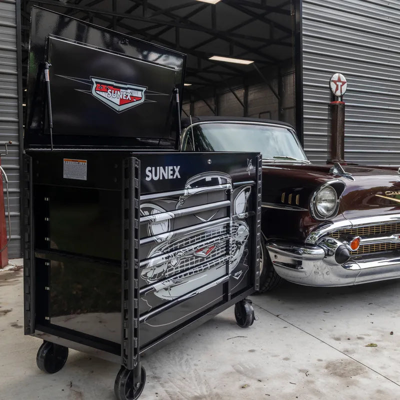 Sunex 8065PCBK57 57 Chevy power cart beside a classic 57 Chevy