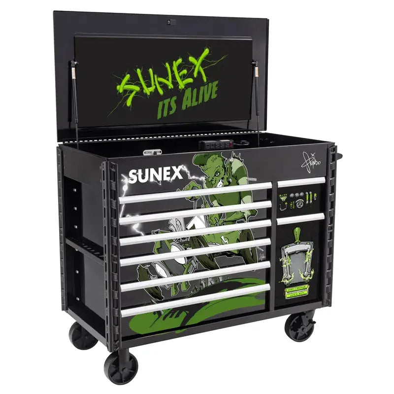 Sunex 8065PCBKALIVE Tony Squindo It's Alive Juic'd Box power cart in black with lid open
