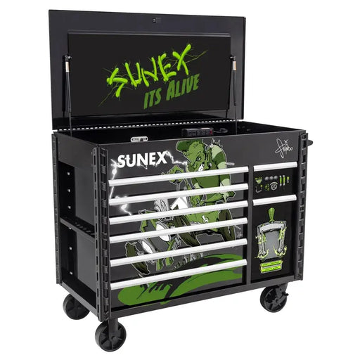 Sunex 8065PCBKALIVE Tony Squindo It's Alive Juic'd Box power cart in black with lid open