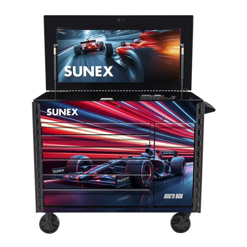 Sunex 8065PCBKGP Grand Prix Juic'd Box power cart in black with lid open