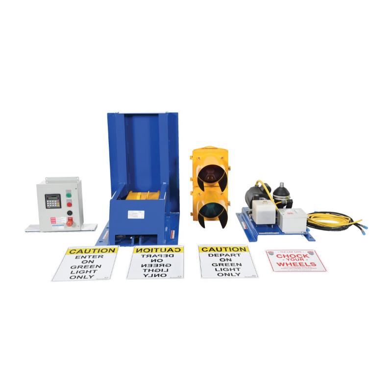 front view of the Vestil Trailer Lock System Steel Electric Hydraulic with Aluminum Light Package  Blue / Yellow