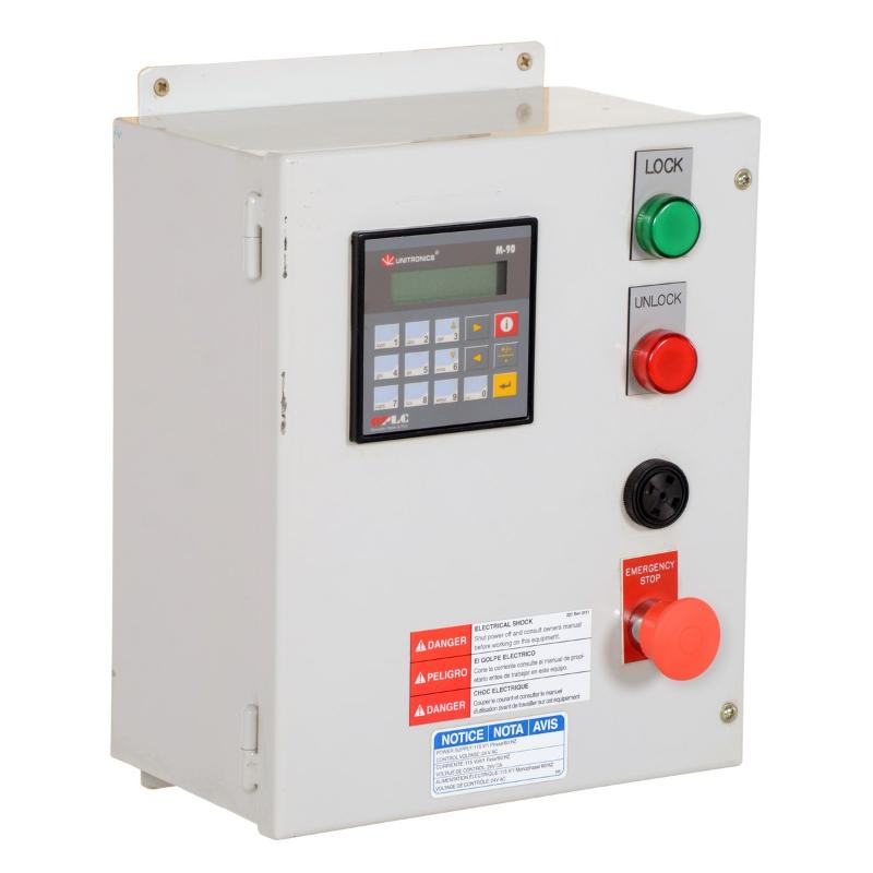 control panel of the Vestil Trailer Lock System Steel Electric Hydraulic with Polypropylene Light Package Blue / Yellow