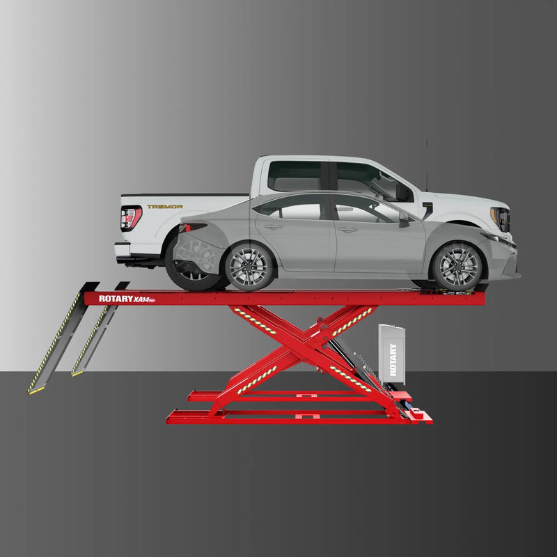 Vehicle positioned on the Rotary XA14 runways for a four-wheel alignment