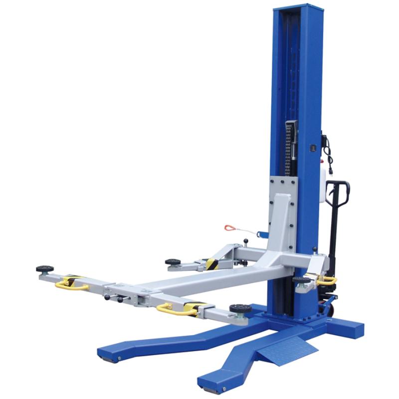 The ATD mobile single column lift, featuring a 6,000 lb capacity and integrated pallet jack, stands on its own.