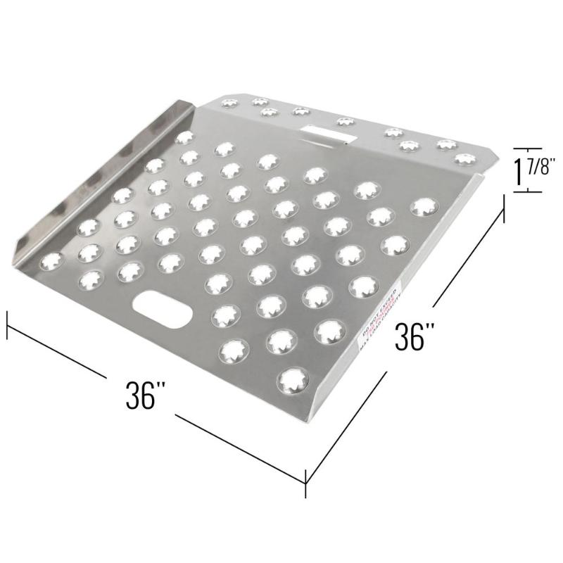 Guardian 36 inch by 36 inch aluminum curb ramp showing overall dimensions for proper fit and placement.
