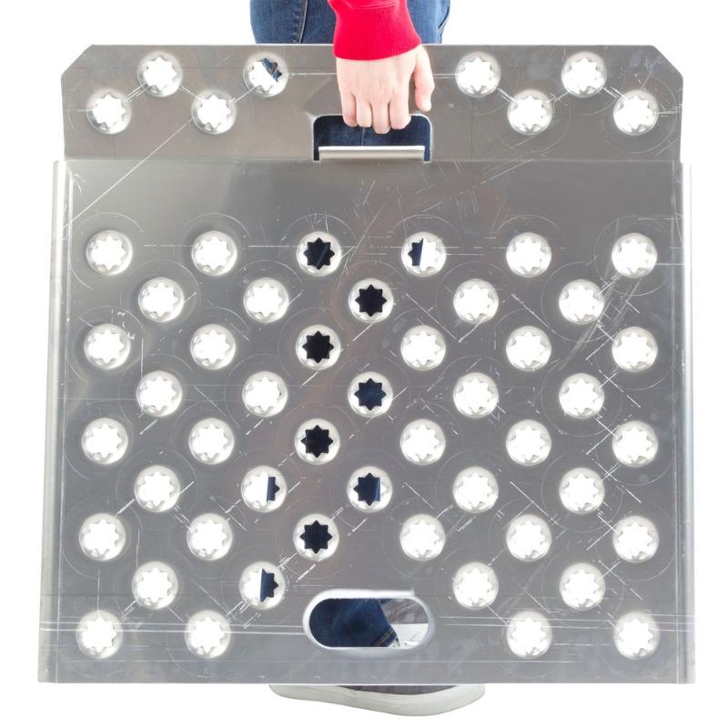 Guardian 36 inch aluminum curb ramp shown with integrated carry handles for easy transport and positioning.
