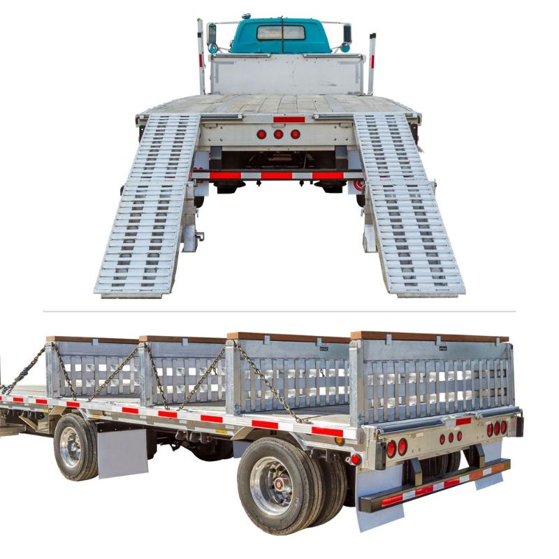 Ramp setup displays the HD Ramps aluminum 4 bunk kit arranged as a step deck ramp and as a load leveler.