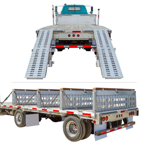Ramp setup displays the HD Ramps aluminum 4 bunk kit arranged as a step deck ramp and as a load leveler.