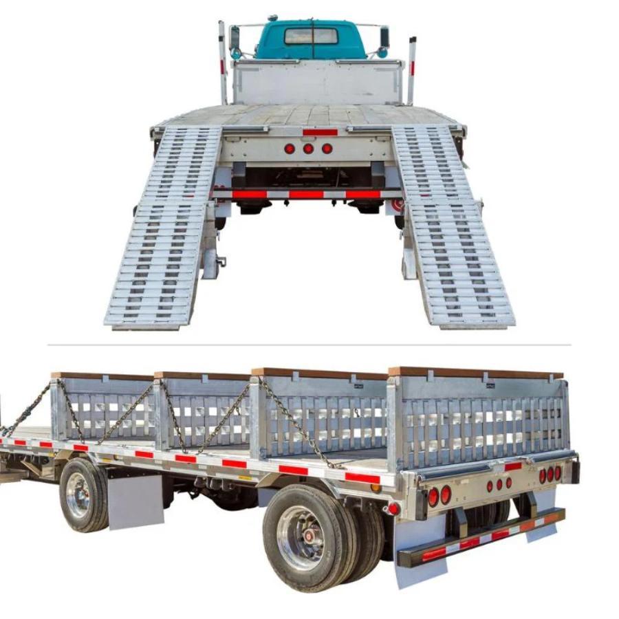 Trailer with a flatbed and a ramp on a white background
