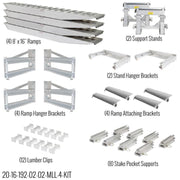 HD Ramps kit (SKU: 20-16-192-02-02-MLL-4-KIT) displaying 4 ramps, hangers, clips, stands, and stake pocket supports.
