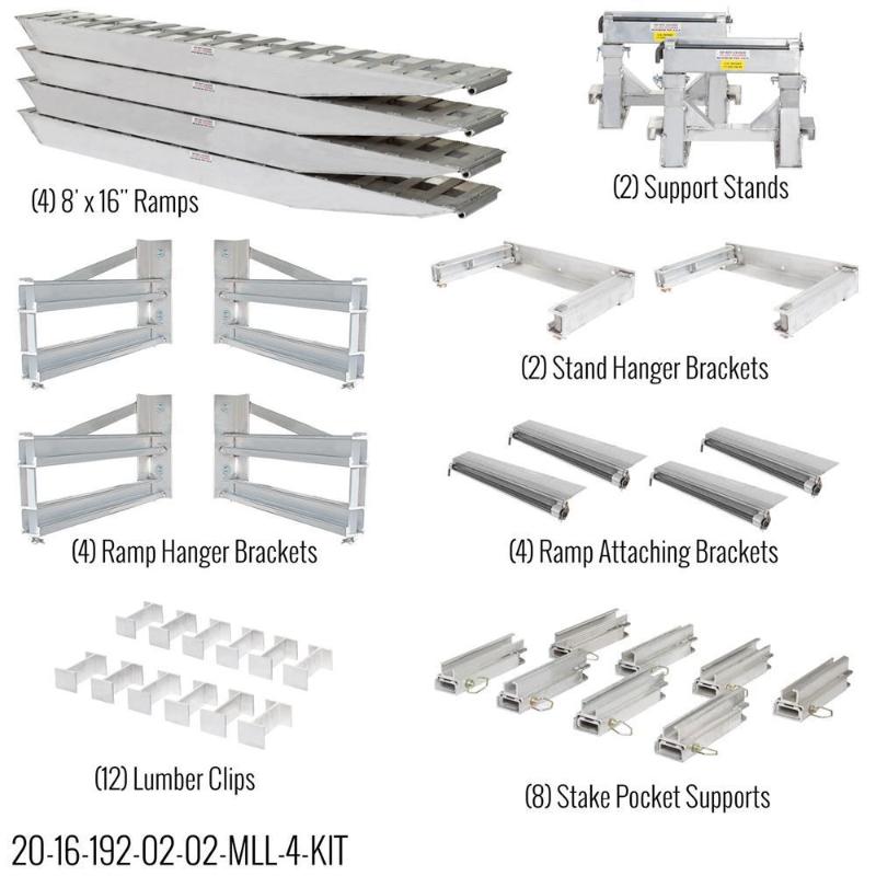 HD Ramps kit (SKU: 20-16-192-02-02-MLL-4-KIT) displaying 4 ramps, hangers, clips, stands, and stake pocket supports.