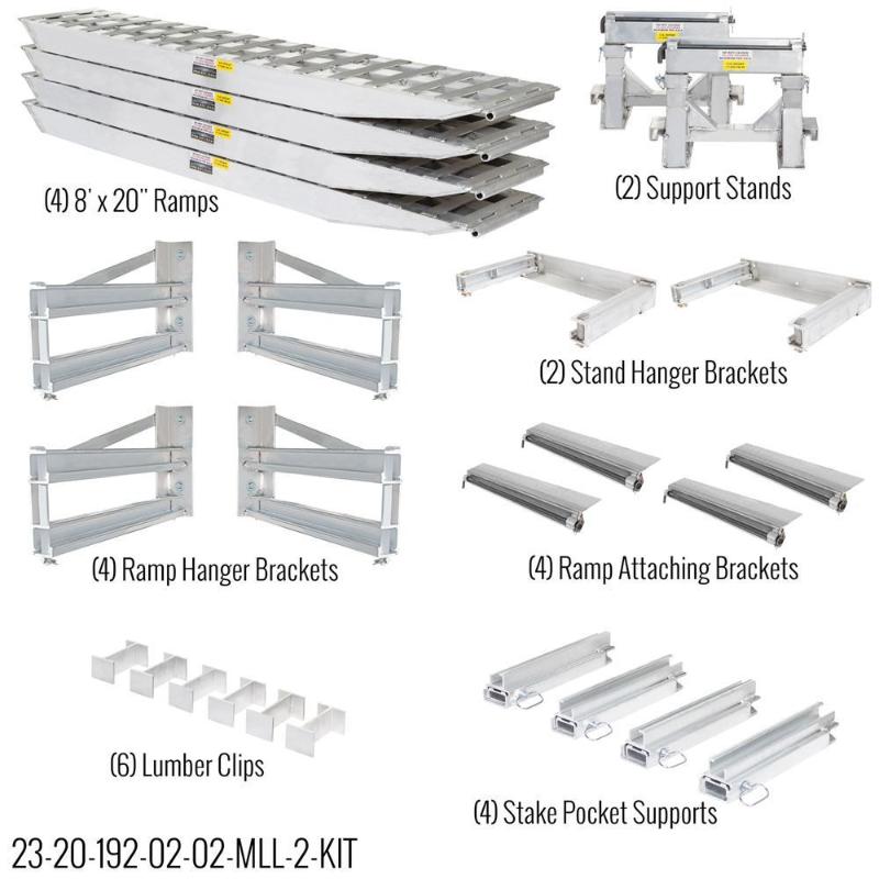 The 23,500 lb HD Ramps Master Kit (SKU: 23-20-192-02-02-MLL-2-KIT) includes 4 ramps, 2 stands, brackets, clips, and supports.