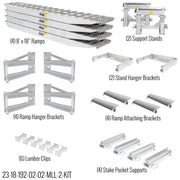 All components included with the HD Ramps 2 Bunk Load Leveler / 4 Ramp Master Kit (SKU: 23-18-192-02-02-MLL-2-KIT): 4 aluminum ramps (8ft x 18in), 2 support stands, 2 stand hanger brackets, 4 ramp hanger brackets, 4 ramp attaching brackets, 6 lumber clips, and 4 stake pocket supports.