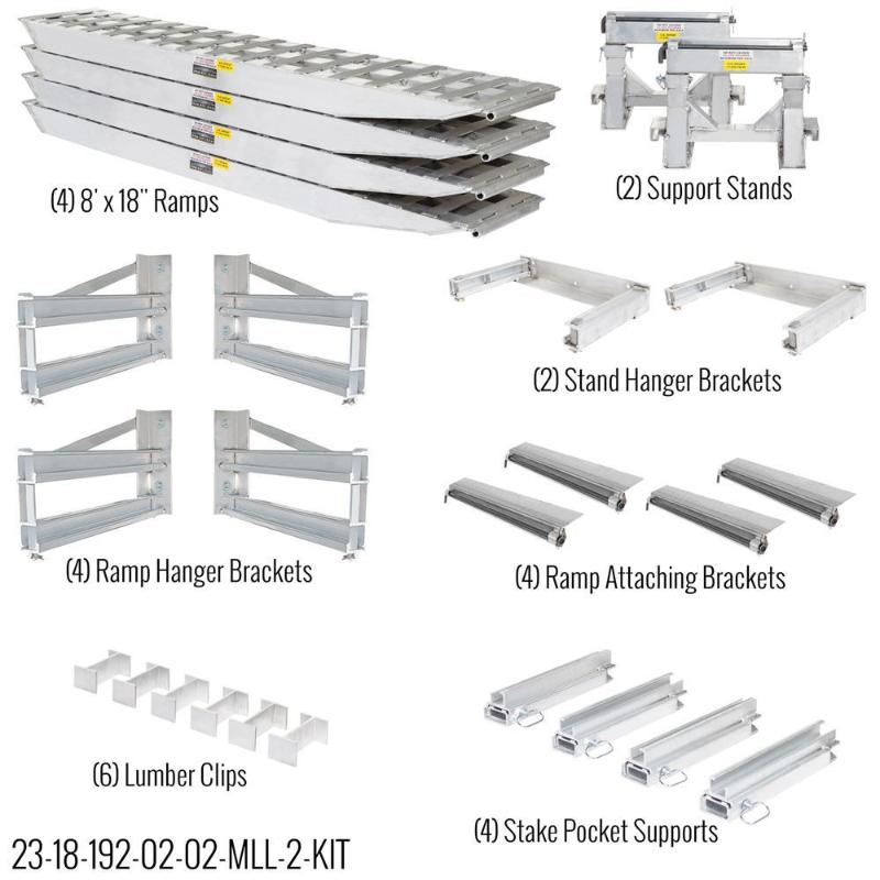 All components included with the HD Ramps 2 Bunk Load Leveler / 4 Ramp Master Kit (SKU: 23-18-192-02-02-MLL-2-KIT): 4 aluminum ramps (8ft x 18in), 2 support stands, 2 stand hanger brackets, 4 ramp hanger brackets, 4 ramp attaching brackets, 6 lumber clips, and 4 stake pocket supports.