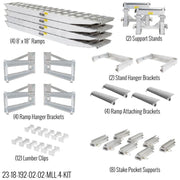 HD Ramps 23,500 lb aluminum master kit components including four ramps, two stands, supports, lumber clips, and mounting hardware.
