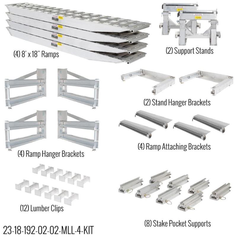 HD Ramps 23,500 lb aluminum master kit components including four ramps, two stands, supports, lumber clips, and mounting hardware.