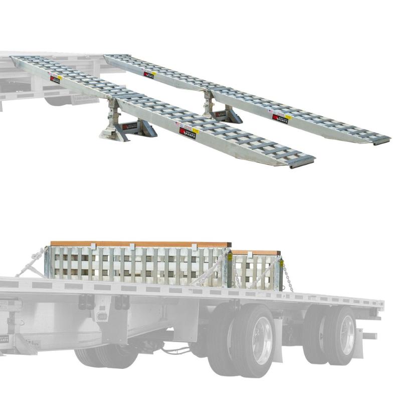A comparison view showing the HD Ramps 2 Bunk Load Leveler and 4 Ramp Master Kit (SKU 23-18-192-02-02-MLL-2-KIT) configured both as a loading ramp and as a trailer load leveler for bridging gaps.